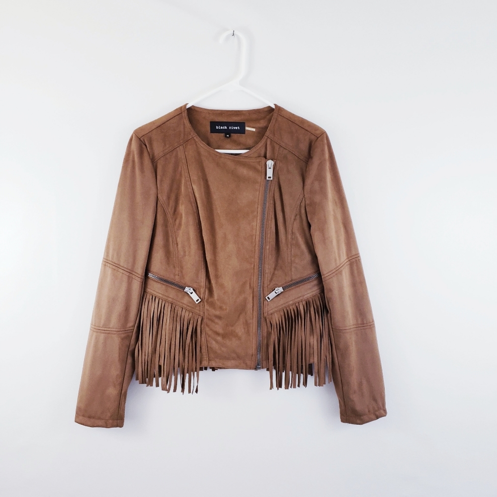 Black Rivet Stand Collar Faux Suede Fringe Jacket - Picture 4 of 8